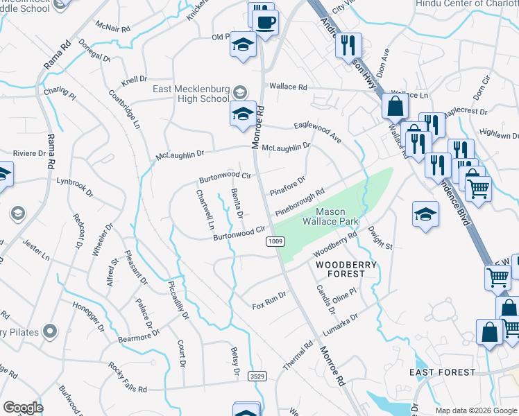 map of restaurants, bars, coffee shops, grocery stores, and more near 7114 Monroe Road in Charlotte