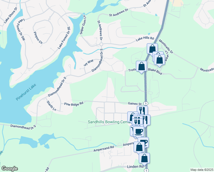map of restaurants, bars, coffee shops, grocery stores, and more near Armstrong Lane in Moore County