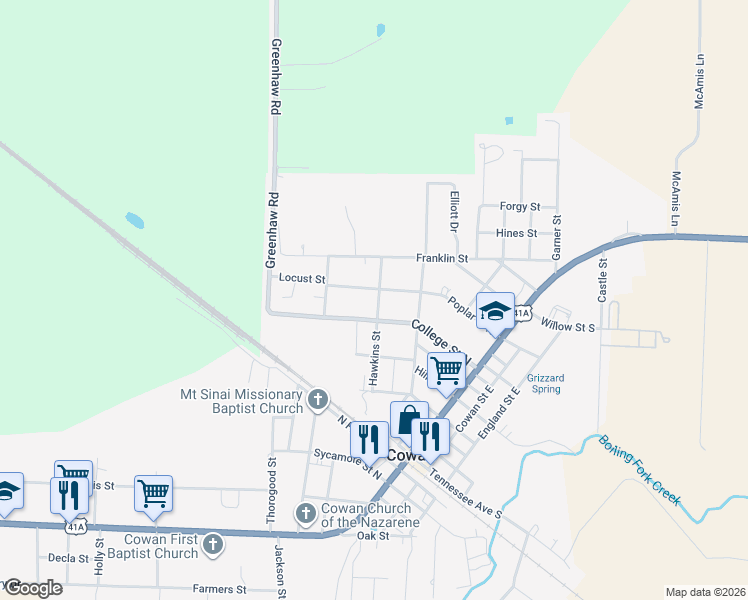 map of restaurants, bars, coffee shops, grocery stores, and more near 220 Poplar Street North in Cowan