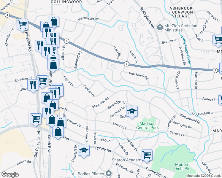map of restaurants, bars, coffee shops, grocery stores, and more near 5145 Murrayhill Road in Charlotte