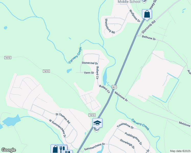 map of restaurants, bars, coffee shops, grocery stores, and more near 225 Bullard Circle in Fayetteville