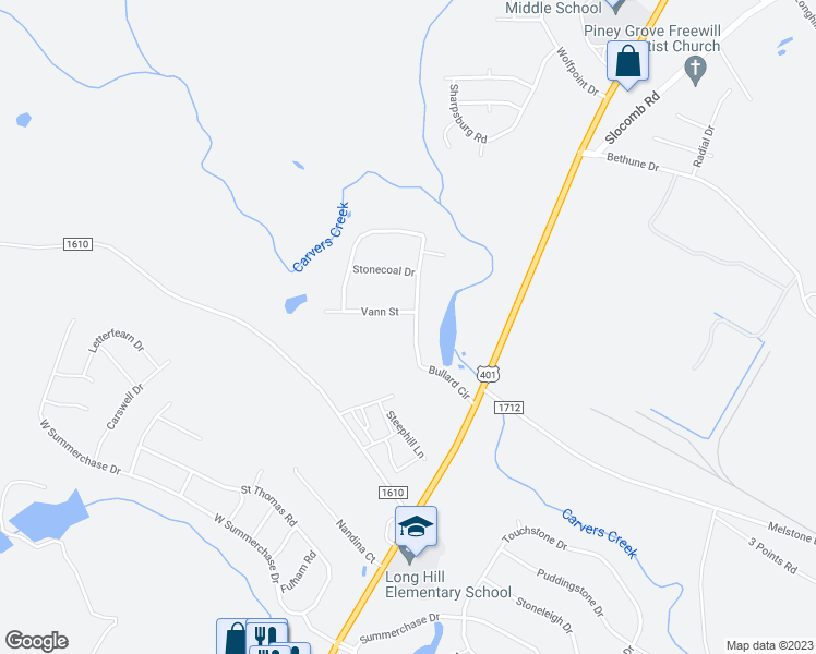 map of restaurants, bars, coffee shops, grocery stores, and more near 225 Bullard Circle in Fayetteville
