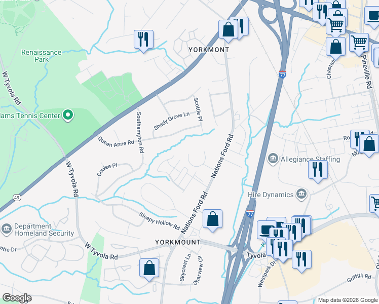 map of restaurants, bars, coffee shops, grocery stores, and more near 304 Green Needles Court in Charlotte