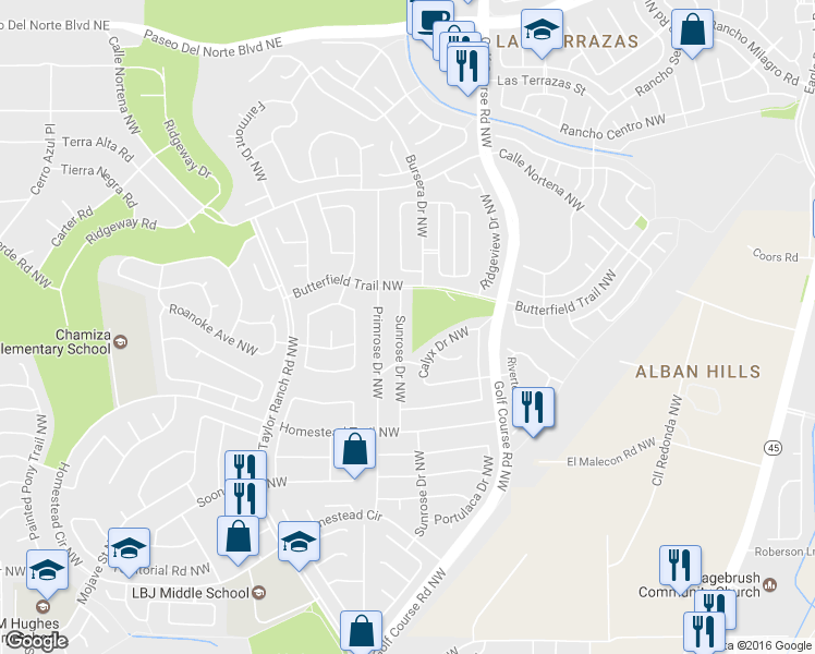 map of restaurants, bars, coffee shops, grocery stores, and more near 7520 Sunrose Drive Northwest in Albuquerque