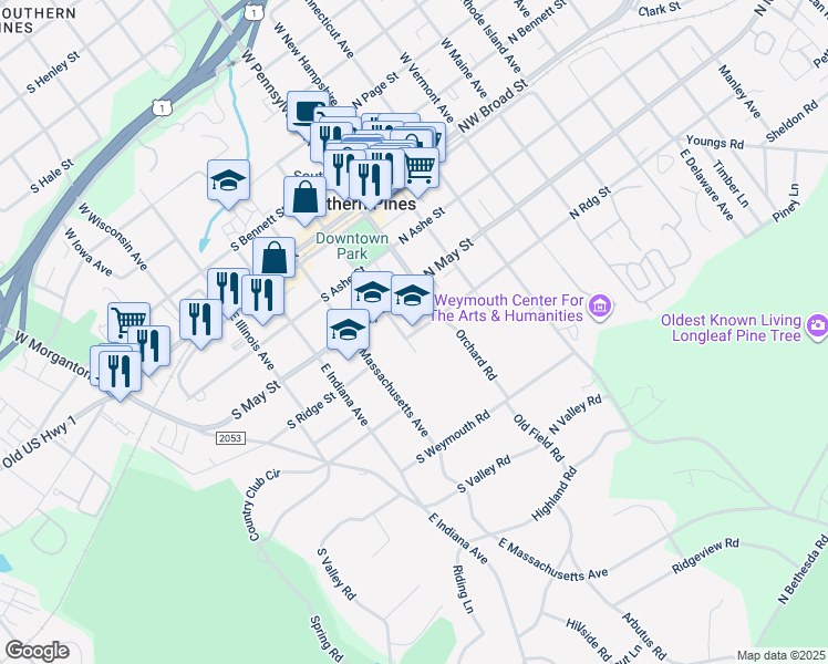 map of restaurants, bars, coffee shops, grocery stores, and more near in Southern Pines