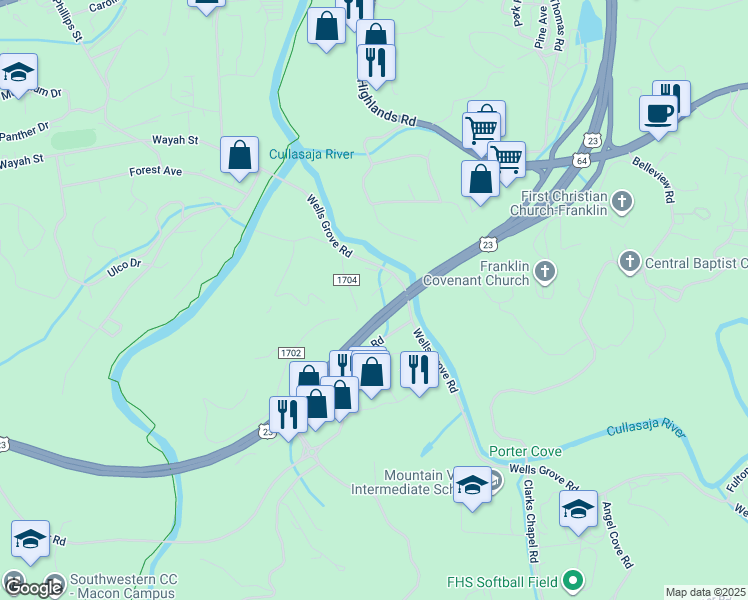 map of restaurants, bars, coffee shops, grocery stores, and more near Wells Grove Road in Franklin