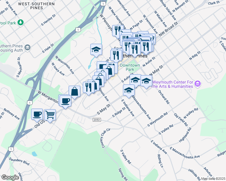 map of restaurants, bars, coffee shops, grocery stores, and more near 405 South Ashe Street in Southern Pines