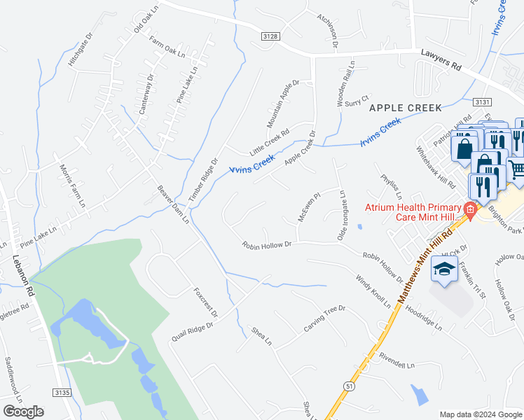 map of restaurants, bars, coffee shops, grocery stores, and more near 7018 Ellington Farm Lane in Mint Hill