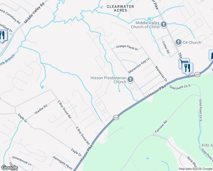 map of restaurants, bars, coffee shops, grocery stores, and more near 7023 Hixson Pike in Middle Valley