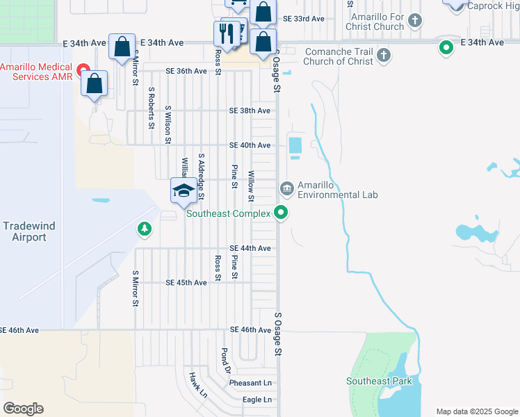 map of restaurants, bars, coffee shops, grocery stores, and more near 2105 Southeast 43rd Avenue in Amarillo