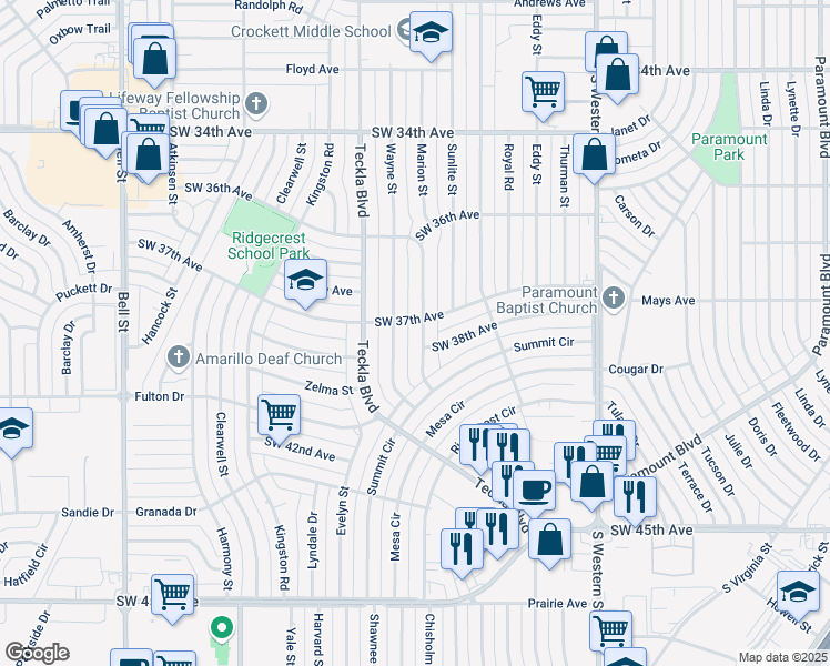 map of restaurants, bars, coffee shops, grocery stores, and more near 3701 Torre Drive in Amarillo