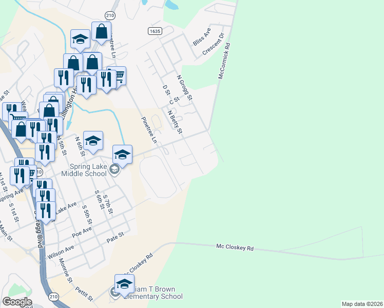 map of restaurants, bars, coffee shops, grocery stores, and more near 176 South Betty Street in Spring Lake