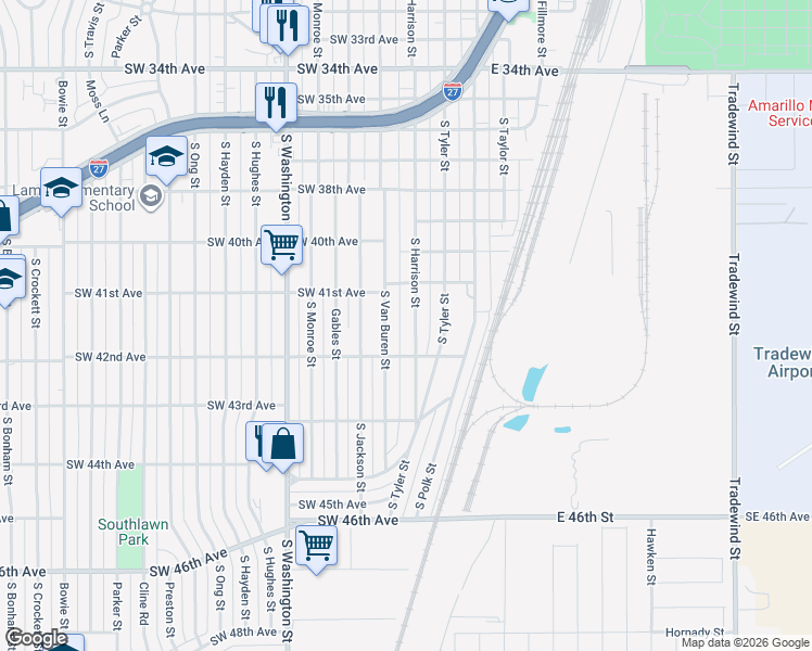 map of restaurants, bars, coffee shops, grocery stores, and more near 4113 South Harrison Street in Amarillo