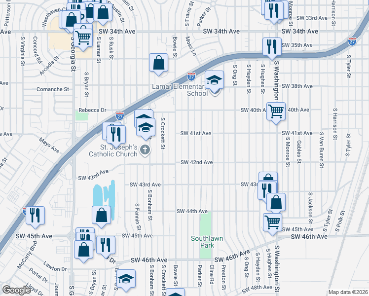 map of restaurants, bars, coffee shops, grocery stores, and more near 4109 South Travis Street in Amarillo