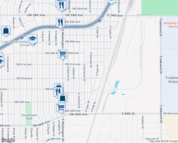 map of restaurants, bars, coffee shops, grocery stores, and more near 4113 South Harrison Street in Amarillo