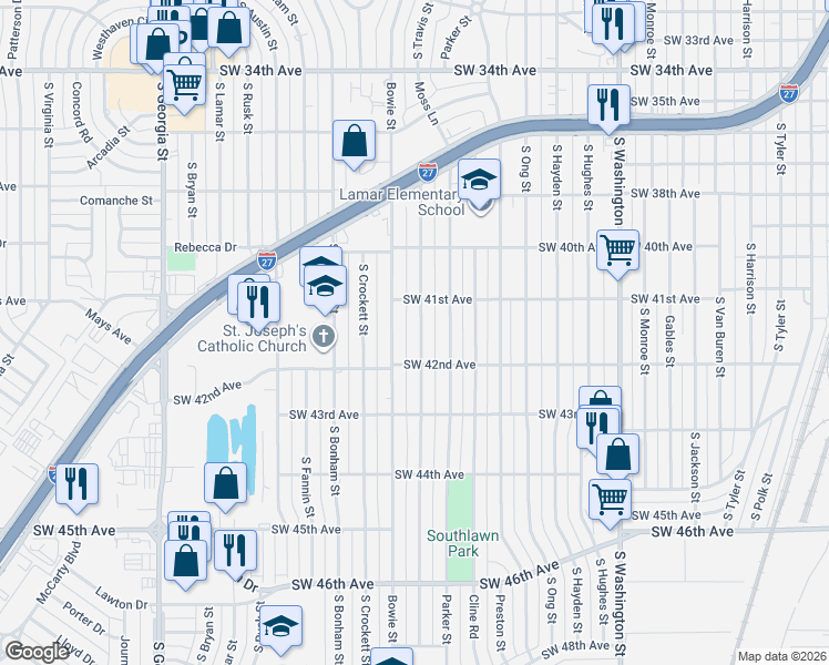 map of restaurants, bars, coffee shops, grocery stores, and more near 4109 South Travis Street in Amarillo
