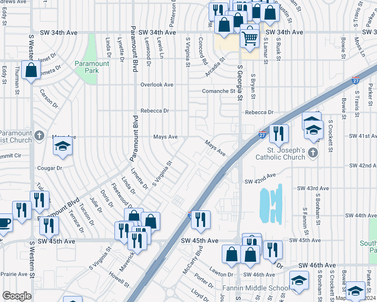 map of restaurants, bars, coffee shops, grocery stores, and more near 3802 South Virginia Street in Amarillo