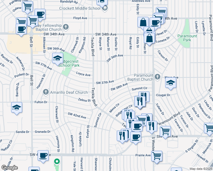 map of restaurants, bars, coffee shops, grocery stores, and more near 3701 Torre Drive in Amarillo