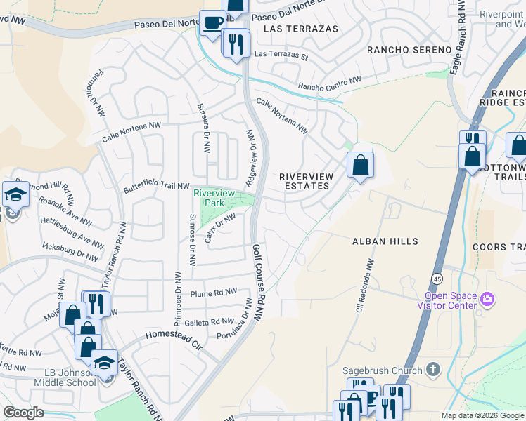 map of restaurants, bars, coffee shops, grocery stores, and more near 4437 Rio Trumperos Court Northwest in Albuquerque