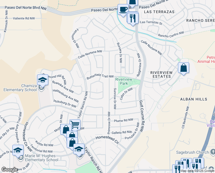 map of restaurants, bars, coffee shops, grocery stores, and more near 7615 Primrose Drive Northwest in Albuquerque