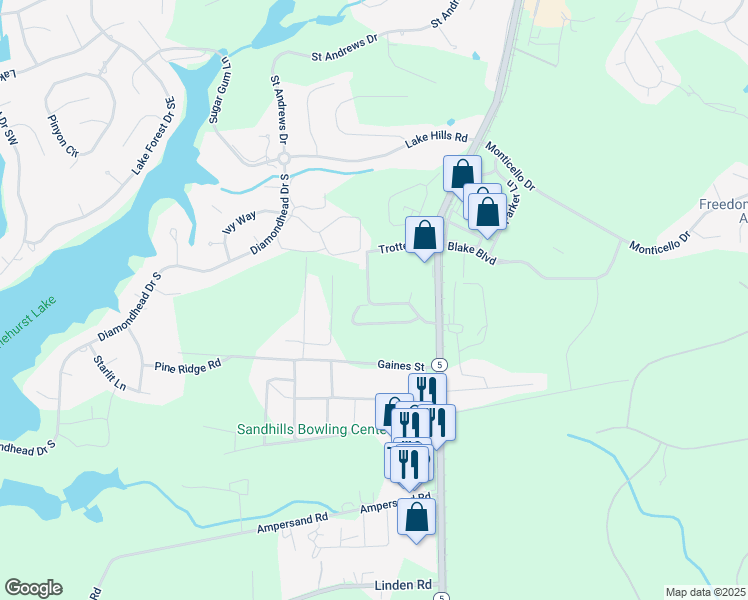 map of restaurants, bars, coffee shops, grocery stores, and more near 12 Holly Pines Drive in Pinehurst