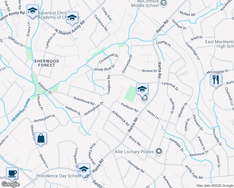 map of restaurants, bars, coffee shops, grocery stores, and more near 835 Ashmeade Road in Charlotte