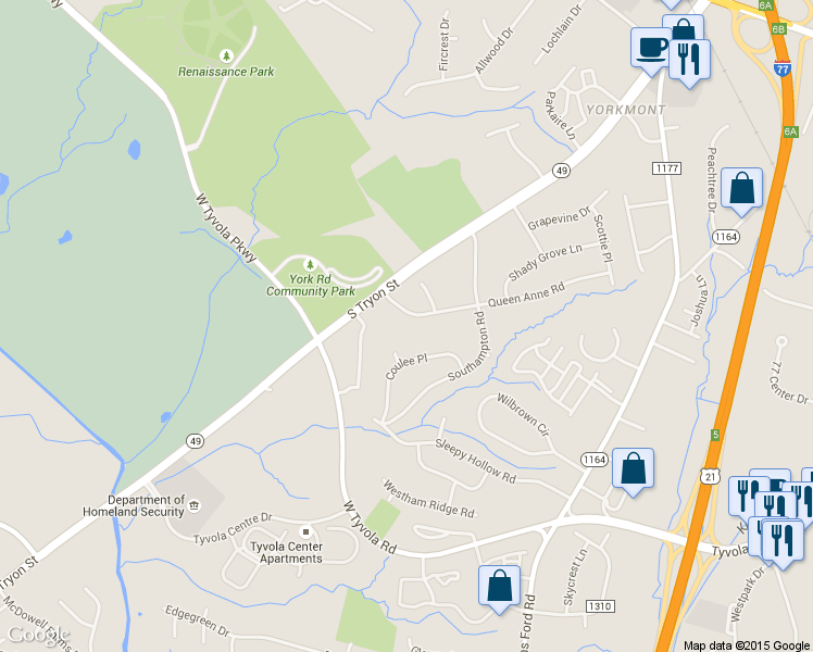 map of restaurants, bars, coffee shops, grocery stores, and more near 5520 Queen Anne Road in Charlotte