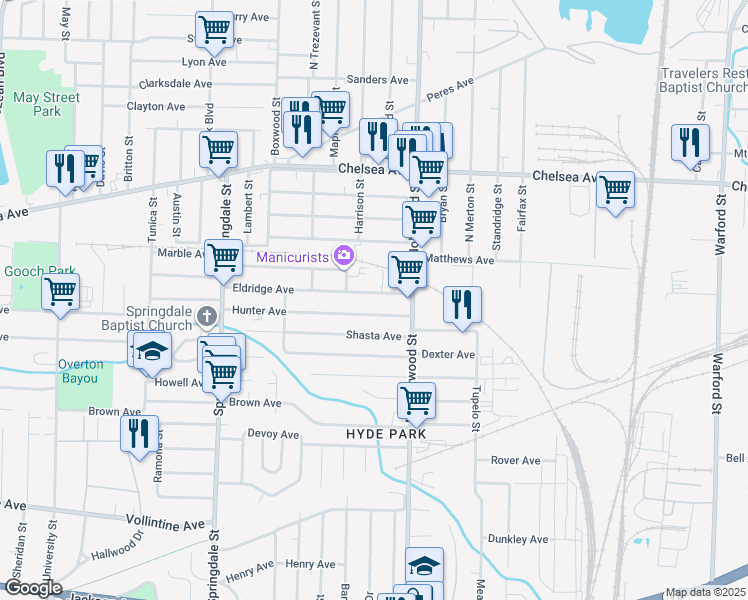 map of restaurants, bars, coffee shops, grocery stores, and more near 2392 Eldridge Avenue in Memphis