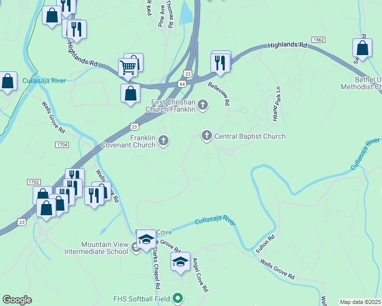 map of restaurants, bars, coffee shops, grocery stores, and more near Belleview Road in Franklin