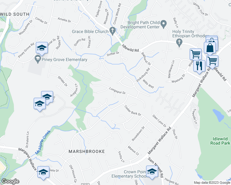 map of restaurants, bars, coffee shops, grocery stores, and more near 3006 Longspur Drive in Matthews