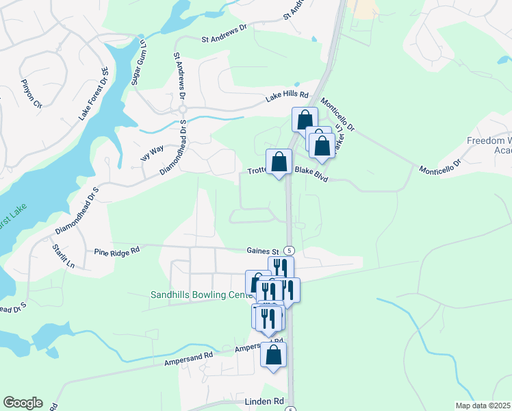 map of restaurants, bars, coffee shops, grocery stores, and more near 32 Holly Pines Drive in Pinehurst