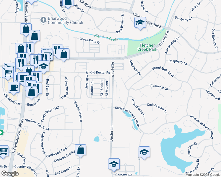 map of restaurants, bars, coffee shops, grocery stores, and more near 1643 Dexter Lane in Memphis