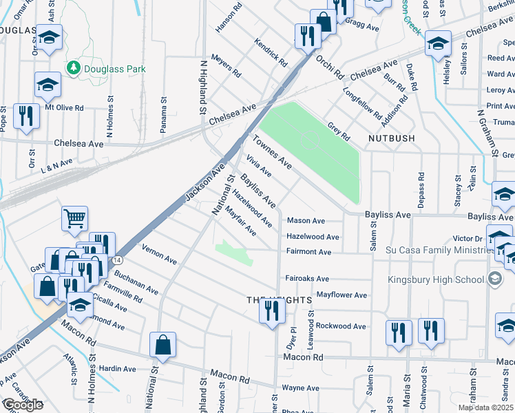 map of restaurants, bars, coffee shops, grocery stores, and more near 3582 Hazelwood Avenue in Memphis
