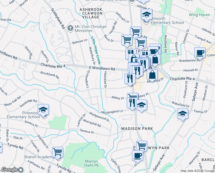 map of restaurants, bars, coffee shops, grocery stores, and more near 1314 Drexmore Avenue in Charlotte