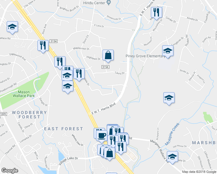 map of restaurants, bars, coffee shops, grocery stores, and more near 2308 Brook Canyon Drive in Charlotte