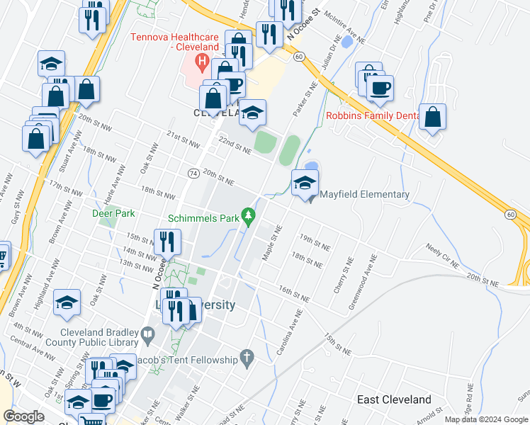 map of restaurants, bars, coffee shops, grocery stores, and more near 339 19th Street Northeast in Cleveland