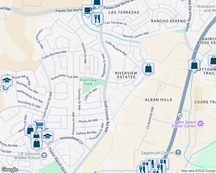 map of restaurants, bars, coffee shops, grocery stores, and more near 4437 Rio Trumperos Court Northwest in Albuquerque