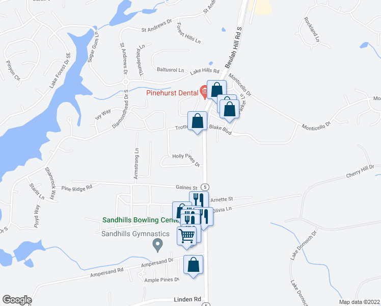 map of restaurants, bars, coffee shops, grocery stores, and more near 21 Holly Pines Lane in Pinehurst