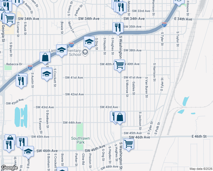 map of restaurants, bars, coffee shops, grocery stores, and more near 4108 South Hughes Street in Amarillo