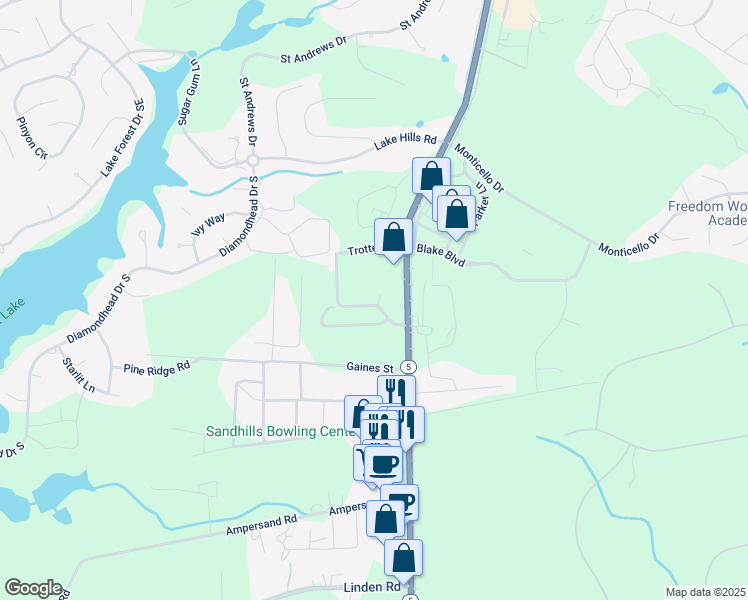 map of restaurants, bars, coffee shops, grocery stores, and more near 10 Holly Pines Lane in Pinehurst