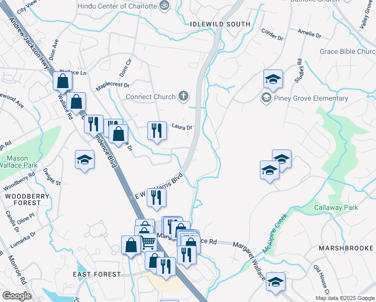map of restaurants, bars, coffee shops, grocery stores, and more near 2441 Brook Canyon Drive in Charlotte