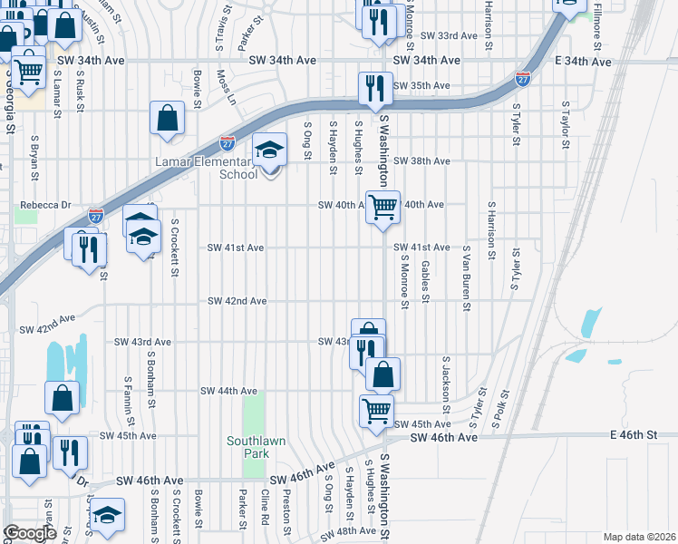 map of restaurants, bars, coffee shops, grocery stores, and more near 4108 South Hughes Street in Amarillo