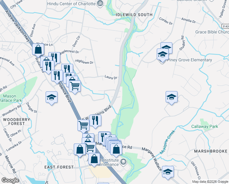 map of restaurants, bars, coffee shops, grocery stores, and more near 2441 Brook Canyon Drive in Charlotte