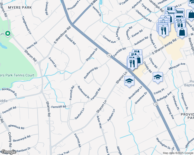 map of restaurants, bars, coffee shops, grocery stores, and more near 2719 Wintergreen Drive in Charlotte