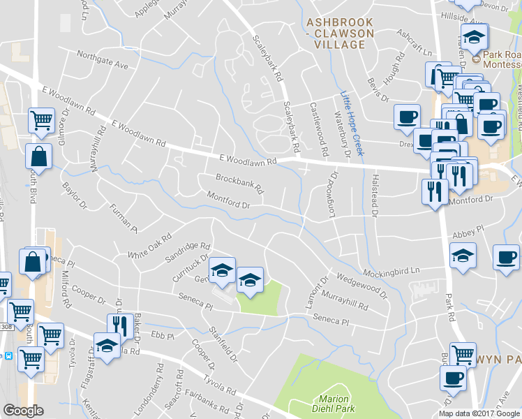 map of restaurants, bars, coffee shops, grocery stores, and more near 839 Montford Drive in Charlotte
