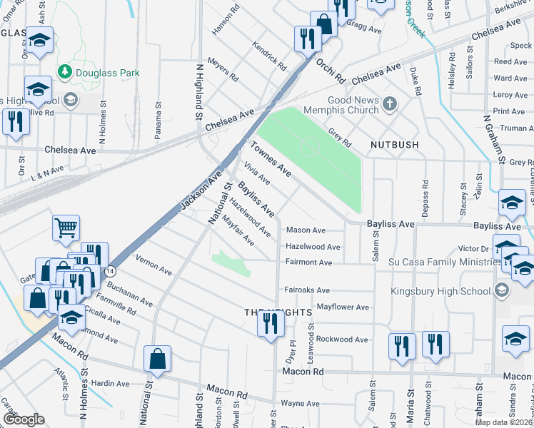 map of restaurants, bars, coffee shops, grocery stores, and more near 3604 Bayliss Avenue in Memphis