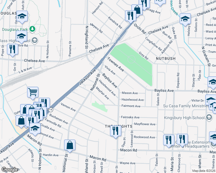 map of restaurants, bars, coffee shops, grocery stores, and more near 3564 Hazelwood Avenue in Memphis