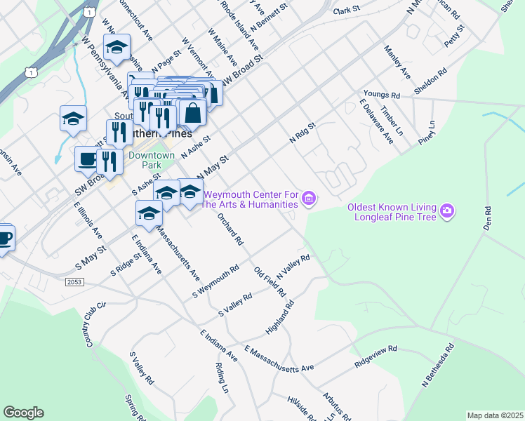 map of restaurants, bars, coffee shops, grocery stores, and more near 482 East Connecticut Avenue in Southern Pines