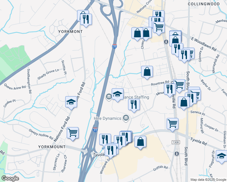 map of restaurants, bars, coffee shops, grocery stores, and more near 316 Rountree Rd in Charlotte