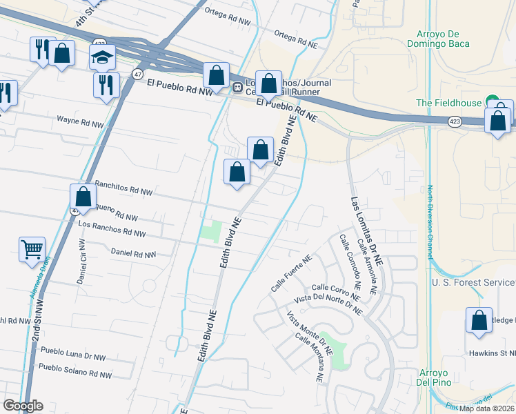 map of restaurants, bars, coffee shops, grocery stores, and more near 7920 Edith Boulevard Northeast in Albuquerque